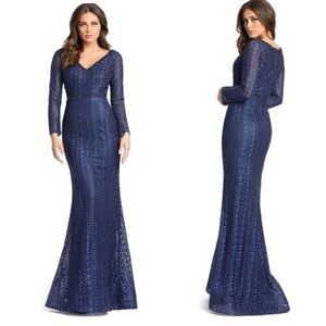Mac Duggal Embroidered Long Sleeve V Neck Trumpet Gown